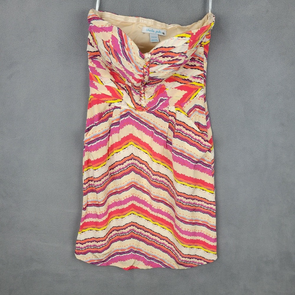 Charlie Jade Silk Dress Womens XS Multicolor Strapless Sweetheart Cocktail‎ Mini